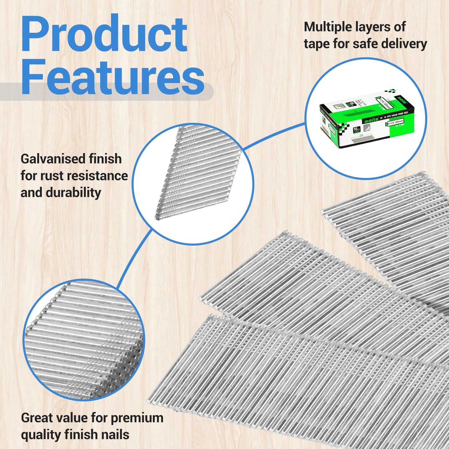meite 16 Gauge 20 Degree Angled Finish Nails 1-1/4 Inch Leg Galvanized No-rust Finishing Nails for Finish Nailer Gun - Cabinet Crown Baseboard 10,000PCS