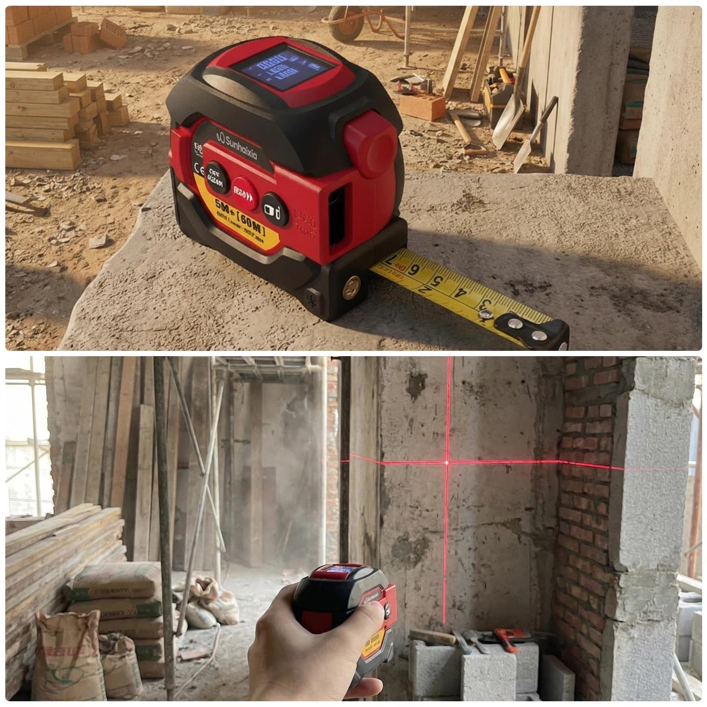 Laser Tape Measure 3 in 1 with Laser Level Crosshairs |196ft/60m Laser Distance+16ft/5m AutoLock Tape |Backlit LCD Display (Ft/Inch/M/mm) |for DIY,Construction, Interior Design (Red)