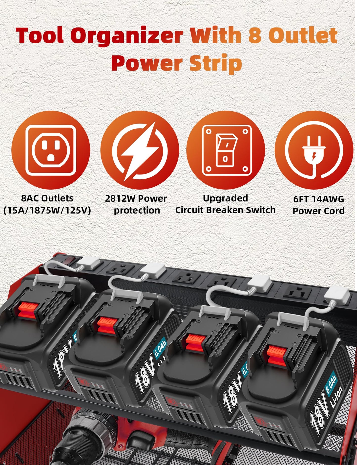 Power Tool Organizer wtih Charging Station，3 Layers Storage Rack with Screwdriver Rack 6 Drill Holders 8 Outlets Max Load 110lbs，for Workshop Garage Organizers and Storage Tool Battery Holder (Red)
