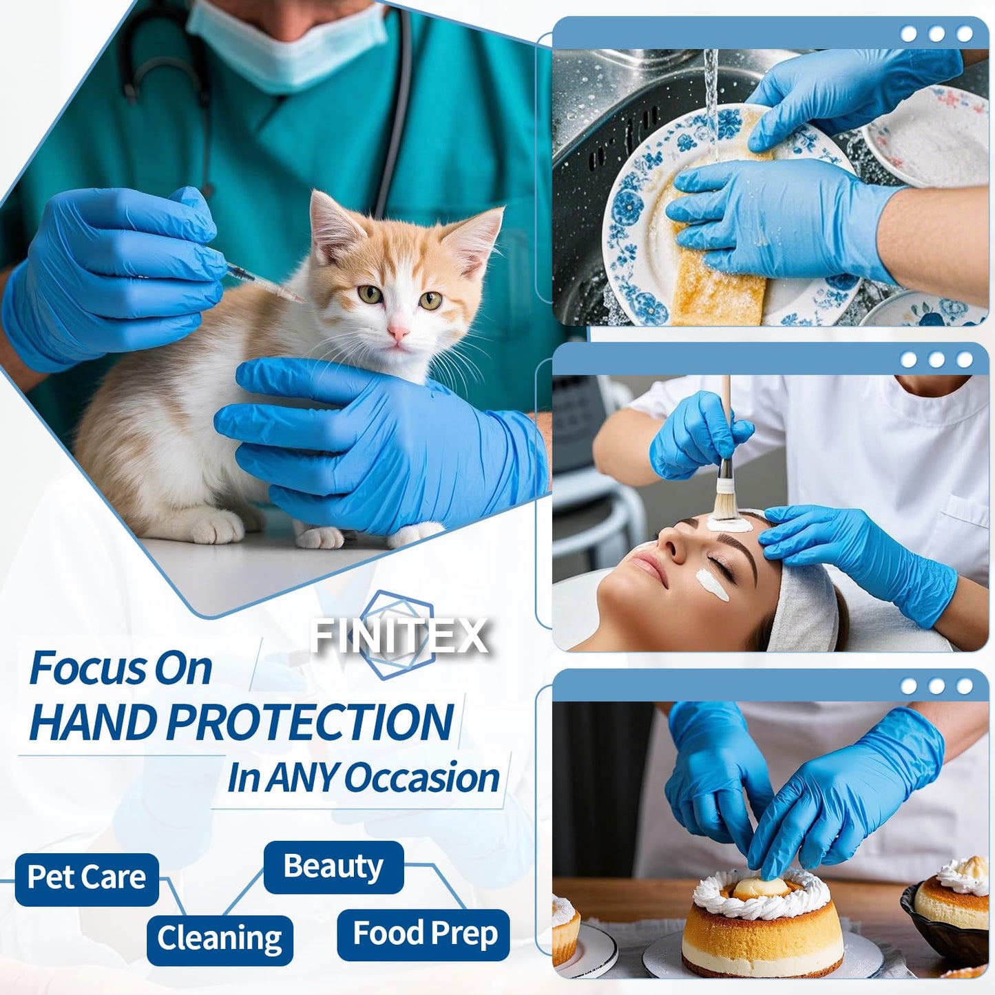 FINITEX Blue Disposable Nitrile Exam Gloves - 200 PCS/BOX 3.5mil Rubber Powder-Free Latex-Free Medical Examination Home Cleaning Food Gloves, MEDIUM