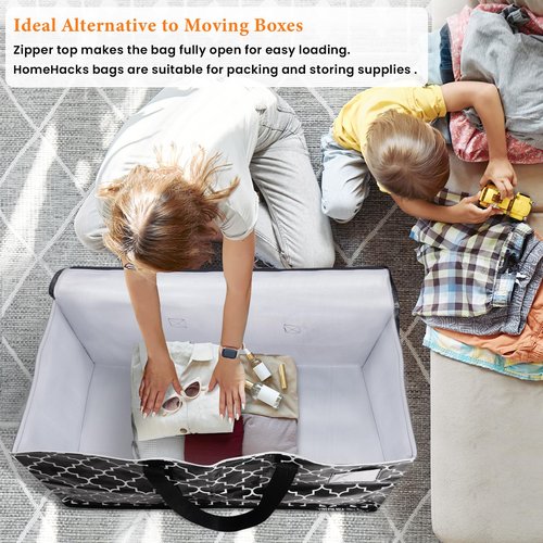 HomeHacks Heavy Duty Moving Bags with Tag Pockets, Collapsible Storage Totes for Moving, Camping & Travel -Foldable Packing Boxes, Zipper Handles, Black（6 Packs, 88L）