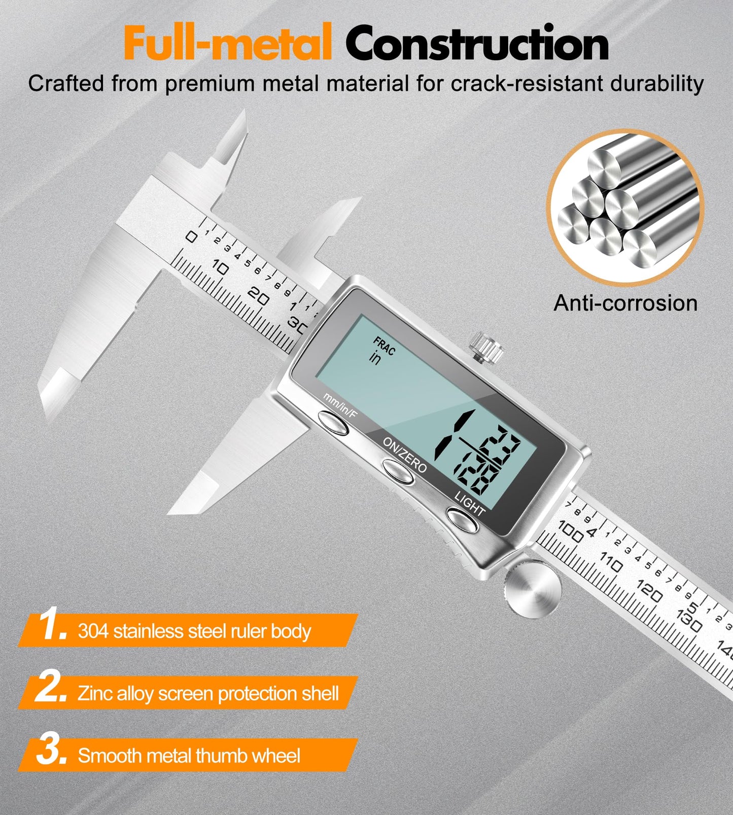 LuxBlue Digital Calipers Measuring Tool 6 Inch | Rechargeable Digital Vernier Caliper with Backlit LCD Screen, Auto-Off | Inch/MM/Fraction Easy Conversion, Stainless Steel Electronic Caliper for DIY
