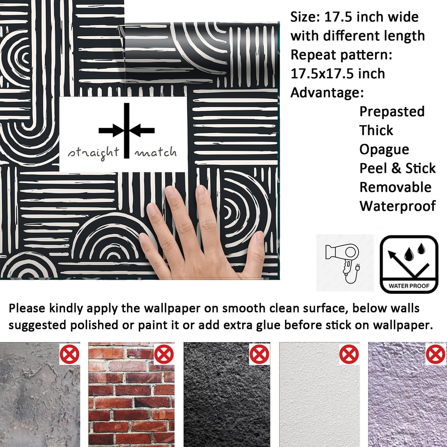 Livelynine Geometric Peel and Stick Wallpaper Black and White Modern Mid Century Geometric Abstract Wall Paper Contemporary Minimalist Lines 17.5x78.8 Geometric Pattern Contact Paper for Cabinets