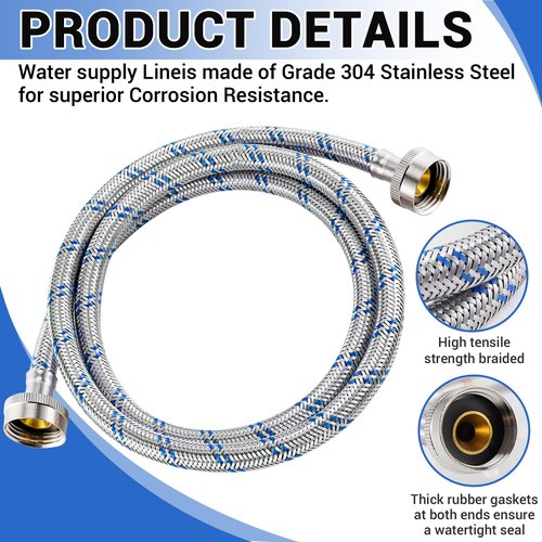 Yejesiy 4 Ft Washing Machine Hoses, 2 Packs Premium Stainless Steel Washer Hoses Burst Proof, Hot and Cold Striped Water Supply Hoses with 3/4'' Standard Interface fit for ALL Washer