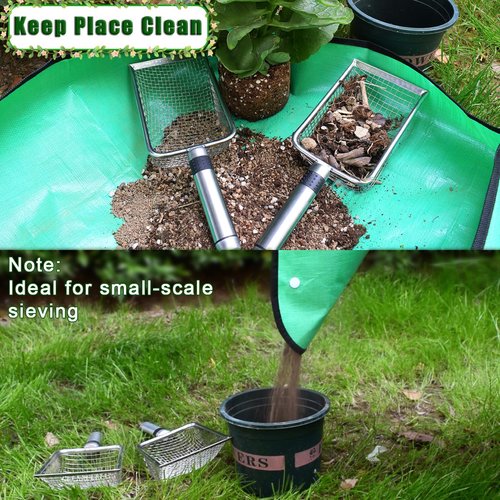 Soil Sifter for Gardening, Soil Sieve Compost Sifter with Repotting Mat, 3.8/5mm Mesh Sieve, Garden Sifter Shovel for Rocks, Sand, Dirt, Ideal for Small-Scale Sieving