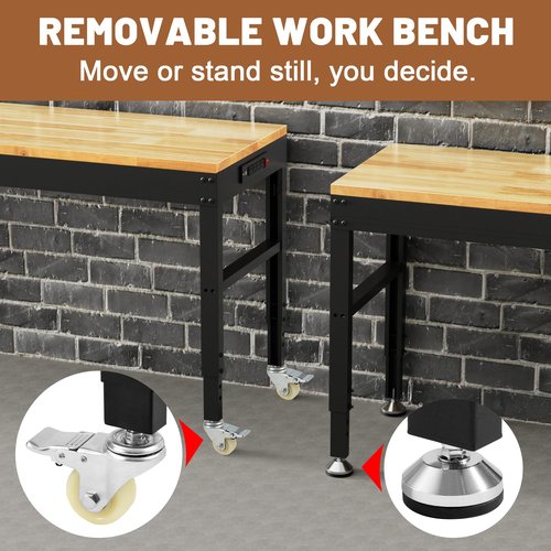 Antifir 60" Heavy Duty Workbench 1800 Lbs Capacity Solid Wood Working Bench Adjustable Height Rolling Work Tables with Power Outlets for Garage Shop Home Office