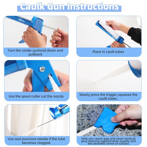 Caulk Gun Kit Smooths No-drip Silicone Caulking Gun and Caulking Tools, Sealant Tools Grout Scraper For Kitchen Bathroom Sink Joint,With Gift Box Works 10OZ Tubes blue
