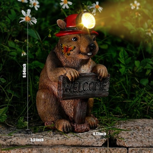 TOLIMI Groundhog Welcome Garden Statue with Solar Headlamp – Funny Animal Outdoor Yard Decor with LED Light and Butterfly – Waterproof Resin Garden Ornament for Patio, Lawn, Pathway