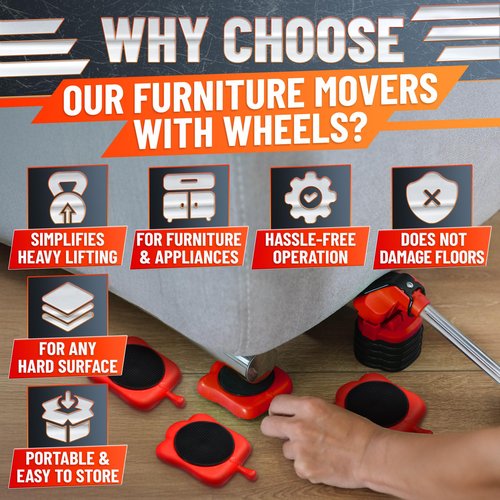 Furniture Lifter Tool with 4 Appliance Rollers 660 Lbs - Furniture Lifters for Heavy Furniture Movers with Wheels Furniture Lift Mover Tool Set - Heavy Furniture Sliders Moving Furniture Gliders Red