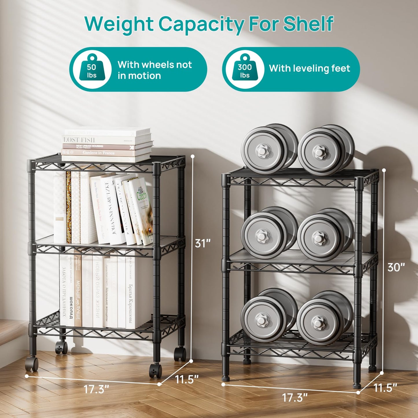 SINGAYE 3 Small Shelves Storage Shelf Wire Shelving Unit Metal Shelf Adjustable Organizers Storage Shelving with Wheels for Bathroom Laundry Room Kitchen Pantry11.6”D x 17.6”W x 30”H Black