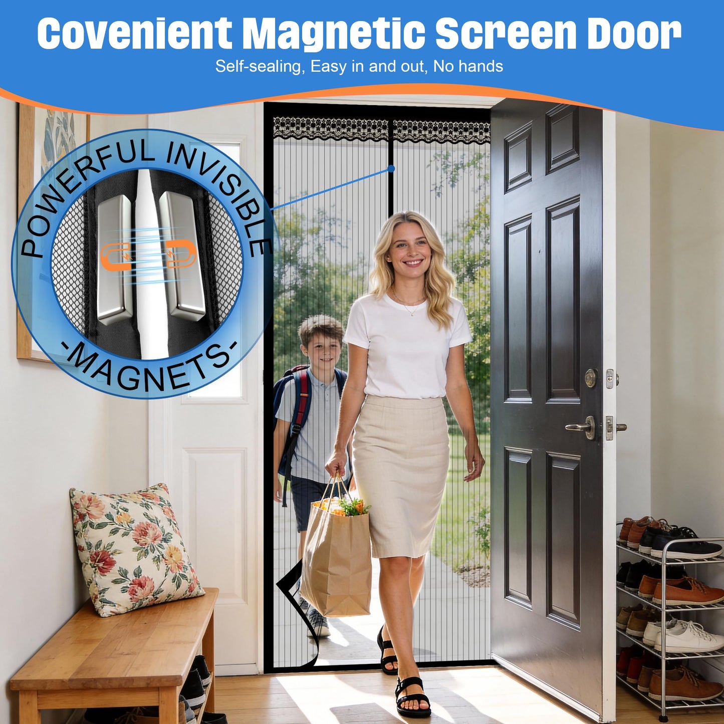 METAONLY Magnetic Screen Door Mesh, Works for Patio, Sliding Door, Keeps Bug Mosquito Out, Fresh Air Flow, Fits 32" x 80" Door - Curtain Size 34" x 82", Black with Lace