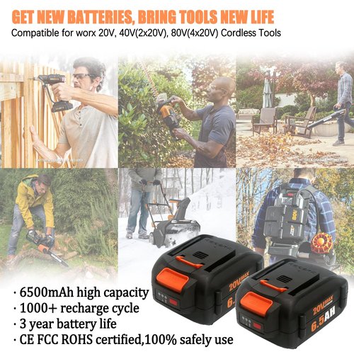 New Upgraded 2Pack 6.5Ah 20V Battery Compatible for Worx Battery 20V PowerShare WA3674 WA3678 WA3669 WA3575 WA3525 WA3520 WA3577 WA3578 WG151s WG155s WG251s