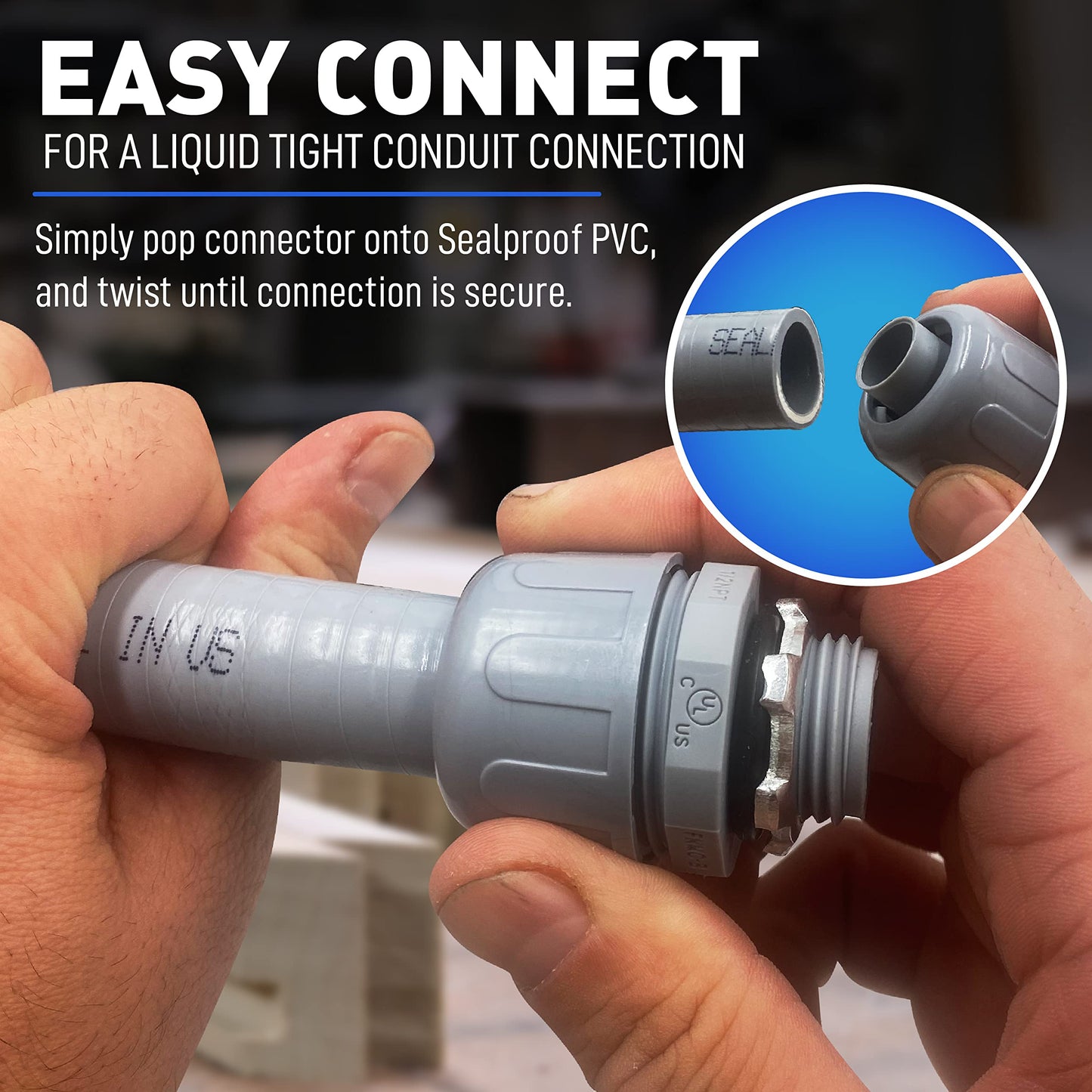 Sealproof 1/2-Inch Non-Metallic Liquid-Tight Conduit and Connector Kit, 25 Foot Made in USA Flexible Electrical Conduit Type B with 4 Straight and 2 90-Degree Conduit Connector Fittings, 1/2" Dia