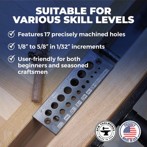 DFM Tool Works Doweling Tool - Premium Dowel Maker Tool, Versatile Dowel Plate, High-Grade A2 Steel for Woodworking, Made in USA - English 17 Holes, Multi-Size