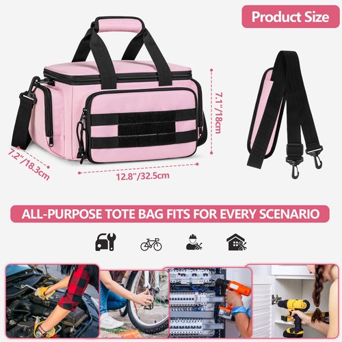 Trahzia Tool Tote Bag for Women, Tool Storage Organizer with Anti-friction Bottom, Tactical Range Bag for Electrician, Carpenters, Repairman, Pink