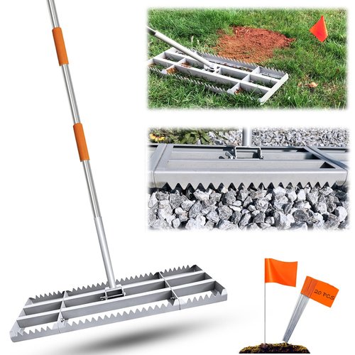 Lawn Leveling Rake, 30in / Double Side can Switch, with 20pc Marking Flags to Mark Low Spot, Stainless + Powder-Coat, FLAT Level Soil/Dirt/Compost on Lawn, SERRATED Rake Dead Grass/Ruts/Gravel on Yard