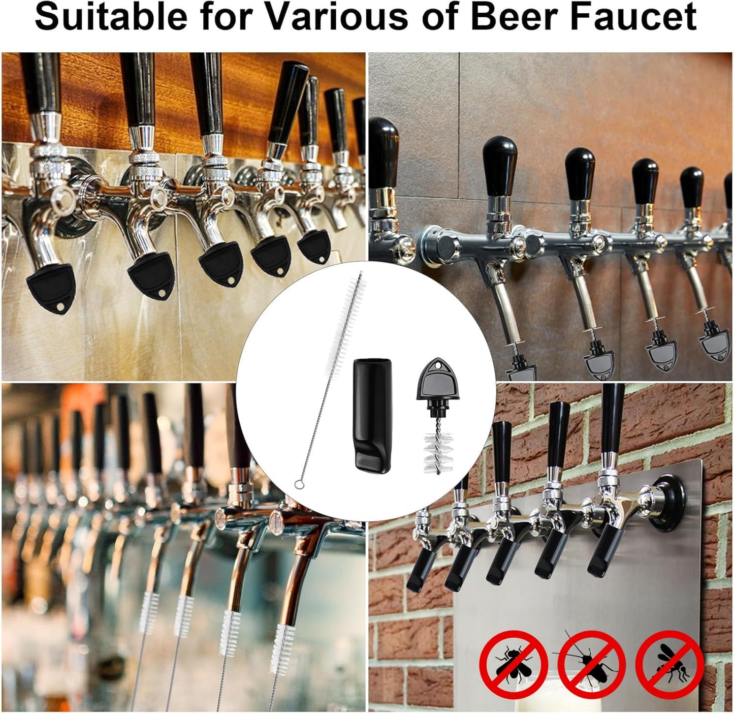 Draft Beer Tap Plugs Brush Beer Faucet Plug 5PCS Beer Keg Tap Plugs, 5PCS Beer Keg Tap Cover Beer Faucet Brush Caps Cover, 3PCS Long Cleaning Brushes and Beer Faucet Wrench Kit for Most Kegerator Tap
