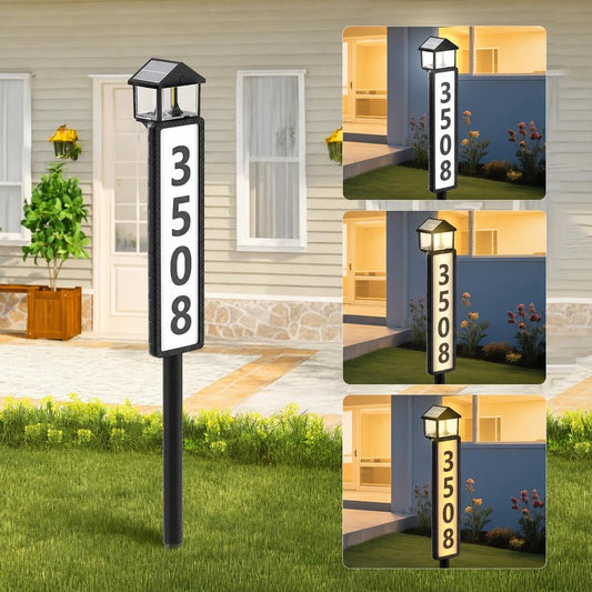 GJB Solar Address Sign for Outside, Solar Powered House Numbers Light with 3 Color Modes, Waterproof LED Illuminated Address Plaque with Stake, Numbers & Letters Included (Matte Black)