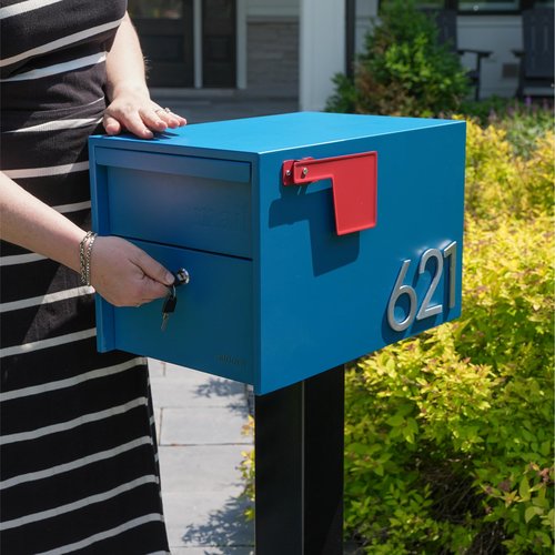 Adoorn Lockable Post Mount Mailbox | Small (Black), Size 12 x 12 x 18.5 (HxWxD) Anti-Theft Locking Mailbox with 2 Keys, Modern Mailbox with Flag, Weatherproof Mailboxes for Outside
