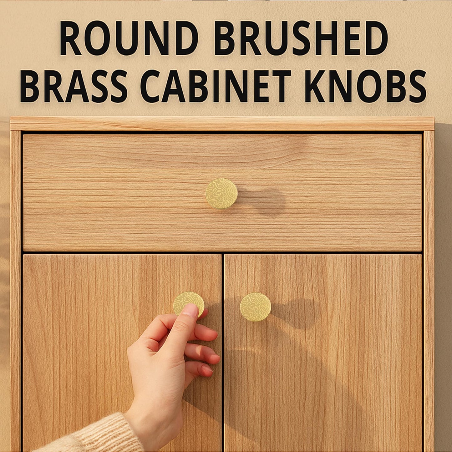 JKJOWPER 7-Pack 1 Inch Solid Brass Knobs - Round Brushed Gold Cabinet Knobs for Kitchen & Bathroom, Elegant Engraved Pattern, 2 Screw Sizes Included