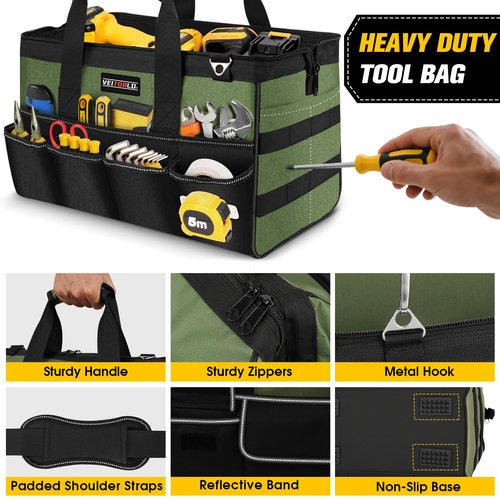 Heavy Duty Tool Bag 15-Inch - 21 Pockets Tool Organizer, Portable Electrician Toolbox W/Soft Handle & Zipper for Mechanic Plumber Carpenter, Gifts for Men Dad Husband Him, Wide Mouth Tool Storage Bag