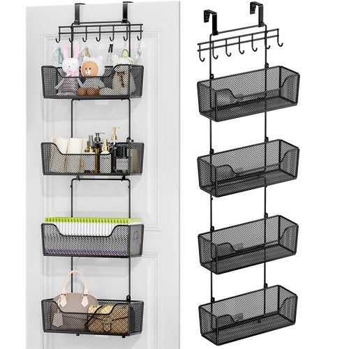HapiRm Over The Door Organizer - Hanging Door Organizer with 4 Metal Large Capacity Baskets and Adjustable Coat Hook for Bathroom Bedroom Kitchen Pantry Closet Cabinet