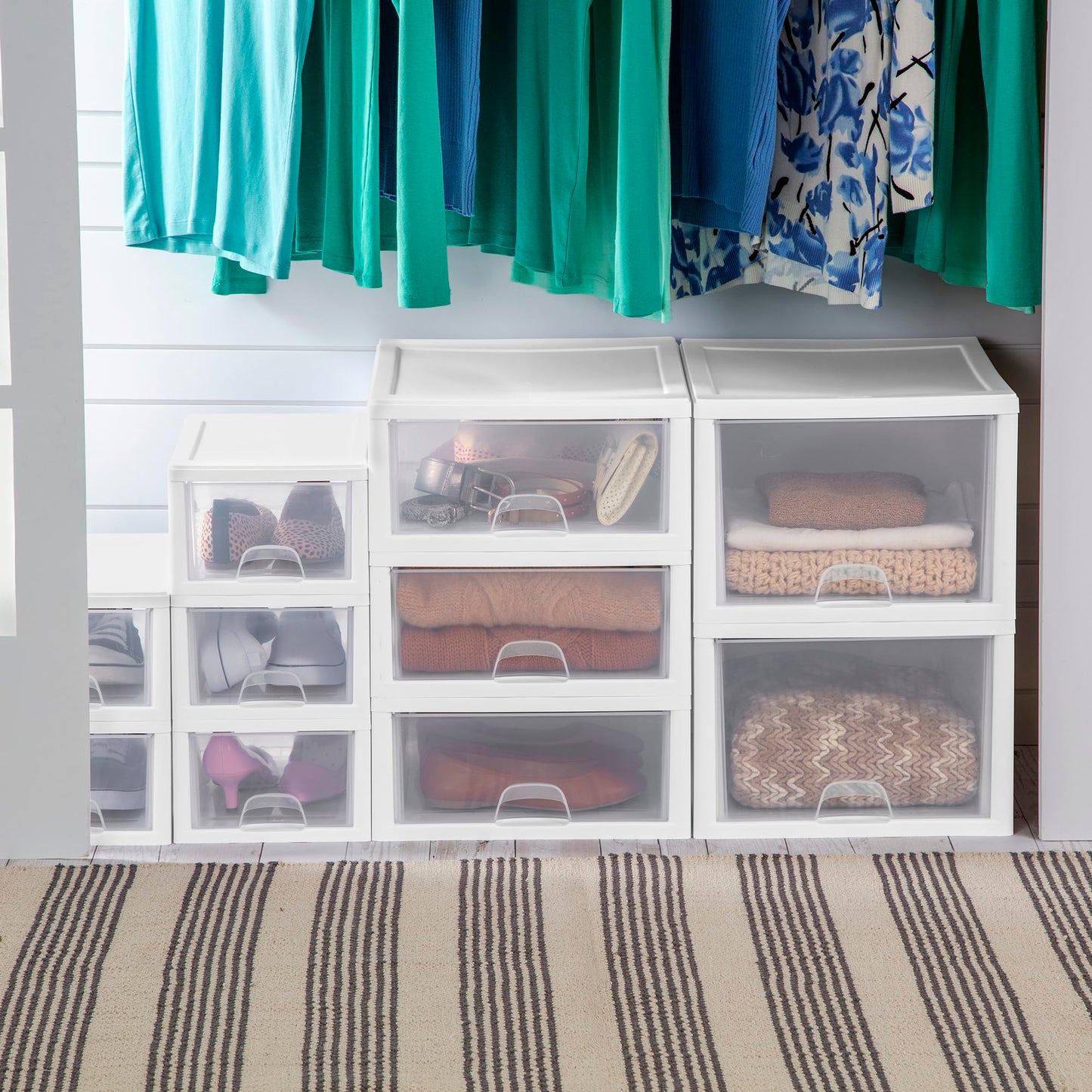 Sterilite 6-Pack Stacking Drawer, Clear Storage Closet Organizer, 6 Quart, White Frame - Stackable Plastic Drawers and Containers for Bedroom, Clothes, Dresser, Vanity, and Makeup Organization