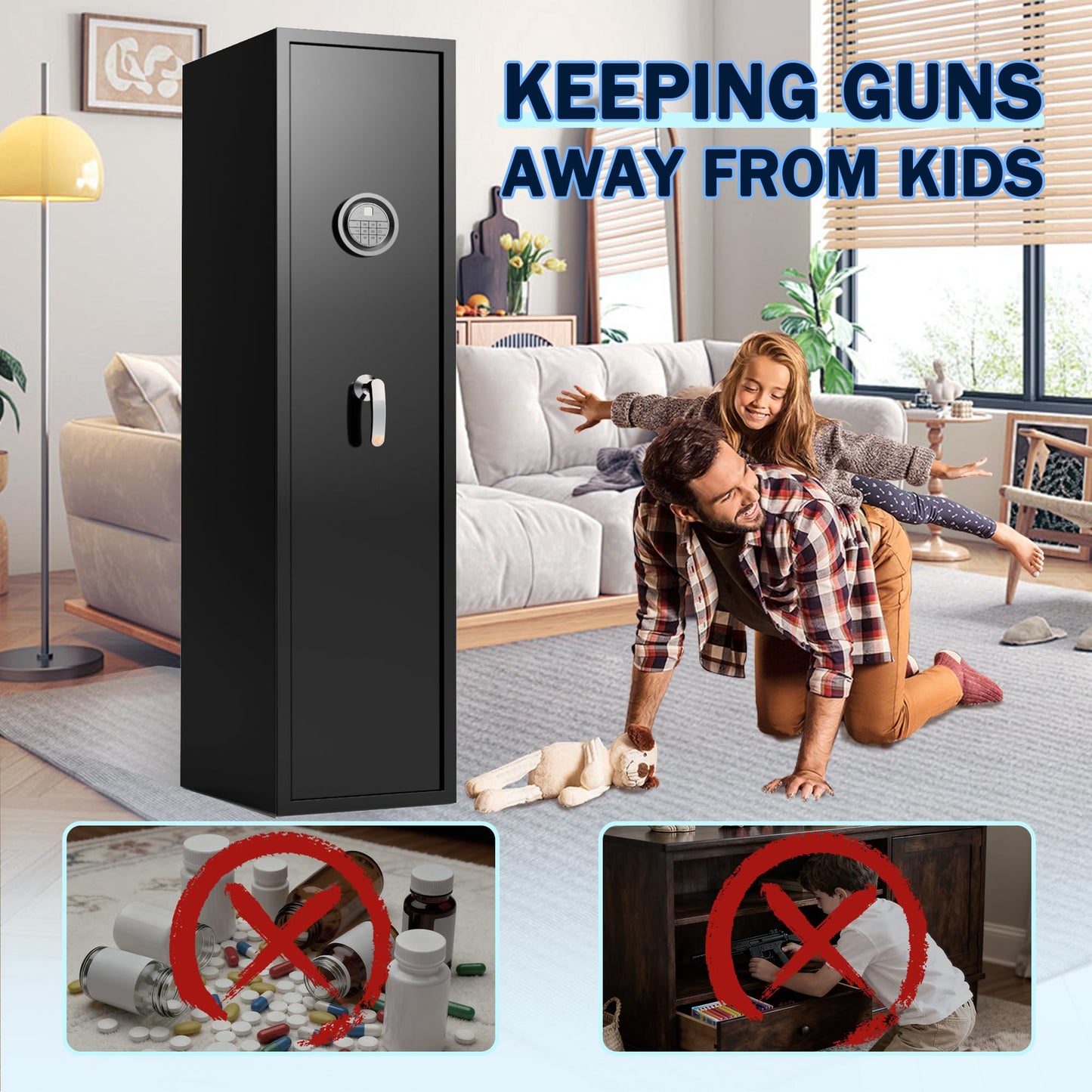 Marcree Gun Safe for Rifles, 3-5 Quick Access Digital Rifle Gun Safe with Dual Alarm System, Gun Cabinet with Mute Function, Shotgun Safe for Home Office, LED Light, Assembly Required
