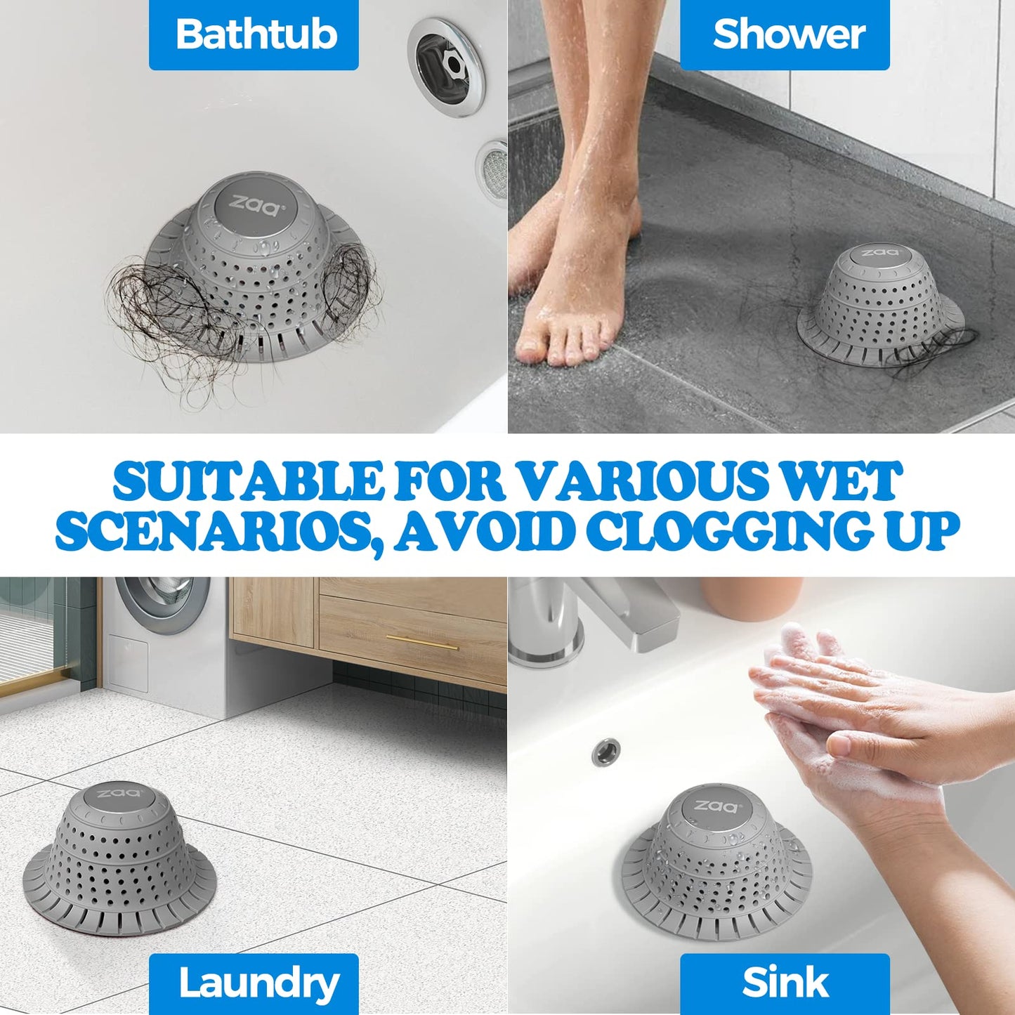 zaa Bathtub Drain Hair Catcher, Silicone Collapsible 3 Pack Drain Protector for Pop-Up and Regular Drains of Shower, Bathtub, Tub, Bathroom, Sink, Black Grey Blue