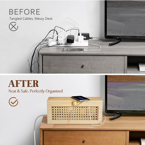Cable Management Box, Cable Organizer Box Safe for Kids and Pets, 2 Open Slots Cords Hider Box for Power Strips, Computer Router, USB Hub 12.5" x 5.1" x 5.5", Natural