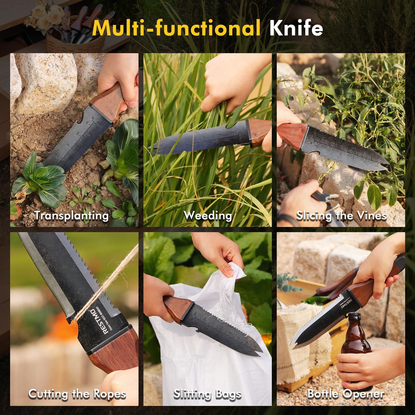 Restmo Professional Hori Hori Garden Knife with Sheath, Heavy Duty High-Strength Stainless Steel Dual-Edge with Depth Gauge, Full-Tang Design & Ergonomic Walnut Handle for Gardening & Farming