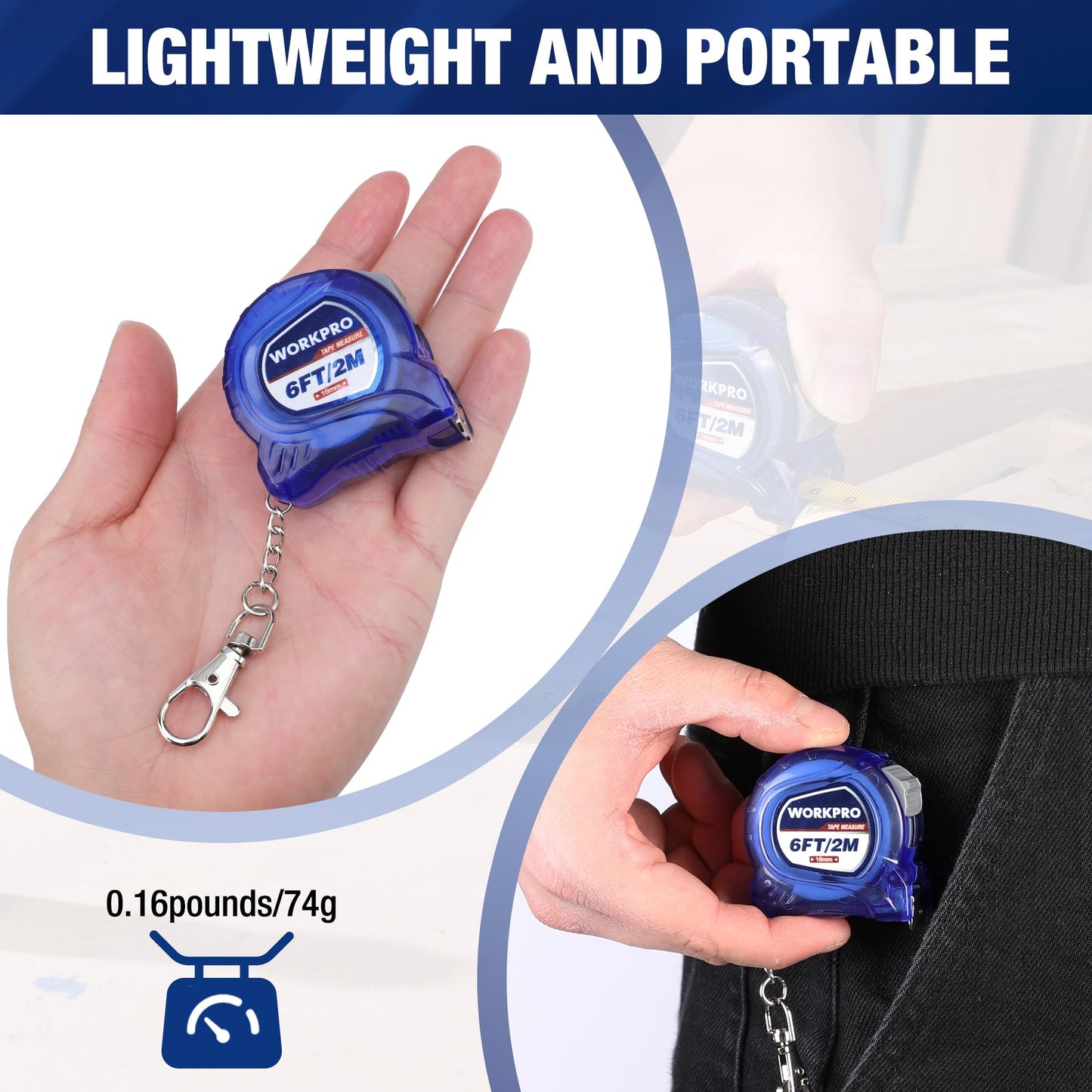 WORKPRO Mini Tape Measure, 2 Pcs 6FT Retractable Easy Reading Keychain Tape Measurement, Inch/Metric Scale Pocket Size Small Tape Measure for Engineer, Portable, ABS Protective Casing, Blue