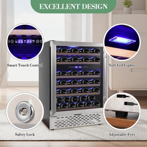 EliteEdge 51-Bottle Dual Zone Wine Cooler,Quiet Operation, LED Lighting, Adjustable Shelves, Freestanding/Built-In Design with Lockable Glass Door