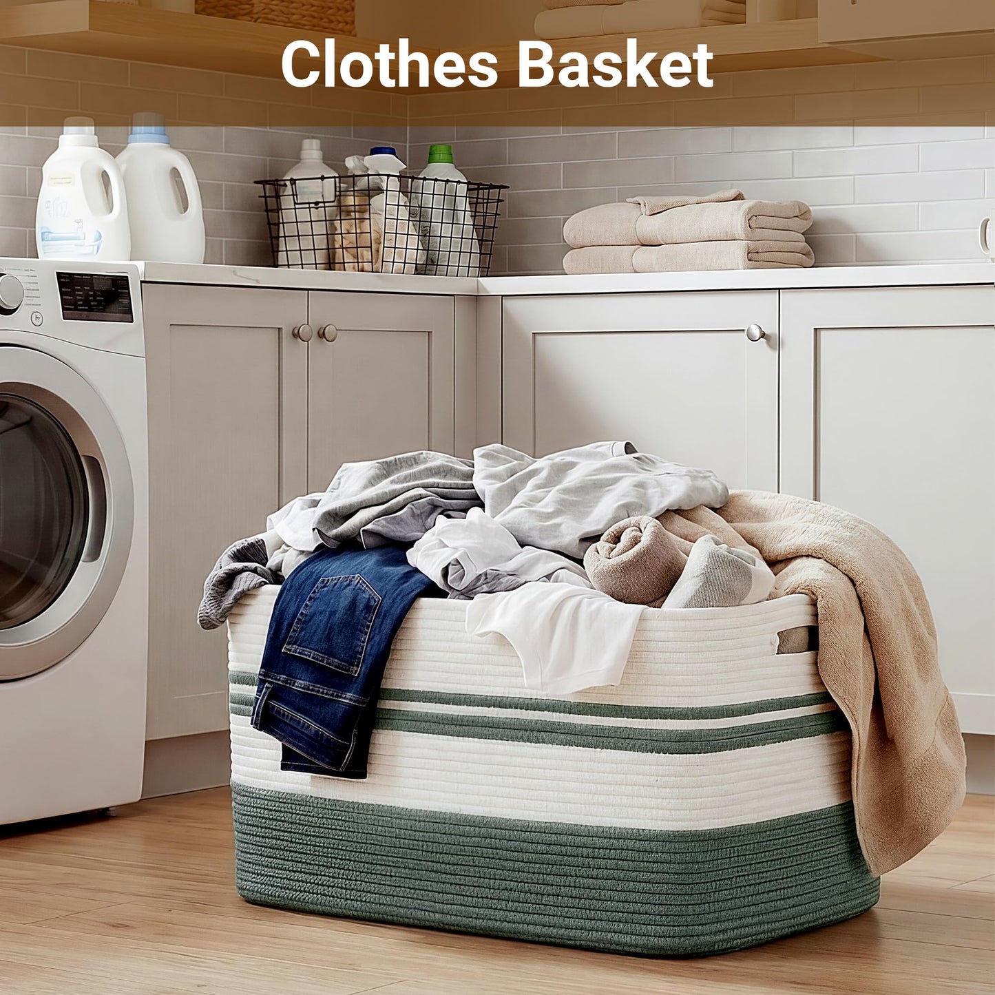 HOBASKET 75L Large Blanket Basket, 22"x17"x12"Rectangle Cotton Rope Woven Storage Basket with Handles, Laundry Hamper for Living Room, Nursery, Bedroom - Chemical-Free, Kid & Pet Safe - Sage Green