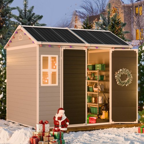 CDCASA 8x6 FT Resin Shed, Waterproof Large Outdoor Storage Sheds with Floor & Lockable Door, Plastic Tool Shed for Outside, Backyard, Patio, Poolside, Bike