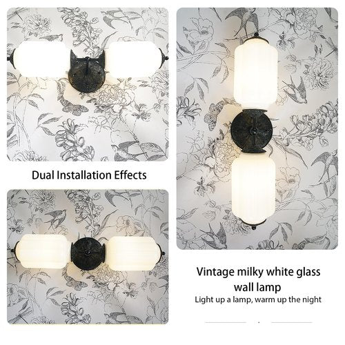 Vintage Milk Glass Bathroom Vanity Light - 2-Light Wall Sconce with Brass Finish Base & Green Glass Shade - Wall Sconce Lighting for Mirror, Kitchen, Living Room, Gallery (Bulbs Included) (white)