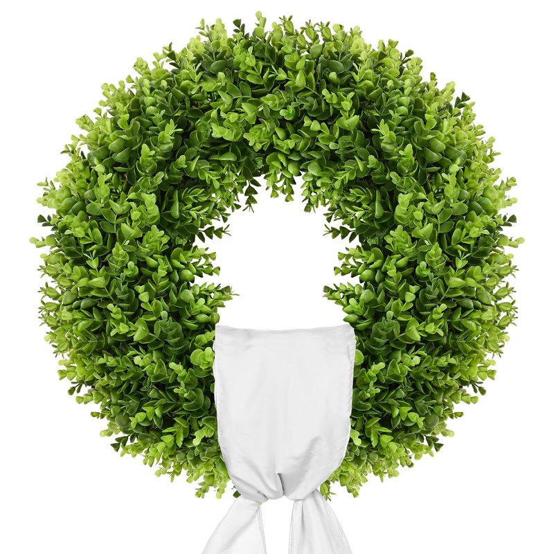 Vlorart 20" Boxwood Wreath for Front Door with Sash & Plaid Bow, Full Lush Artificial Greenery Wreath for Spring Summer Farmhouse Wall, Window & Wedding Decor