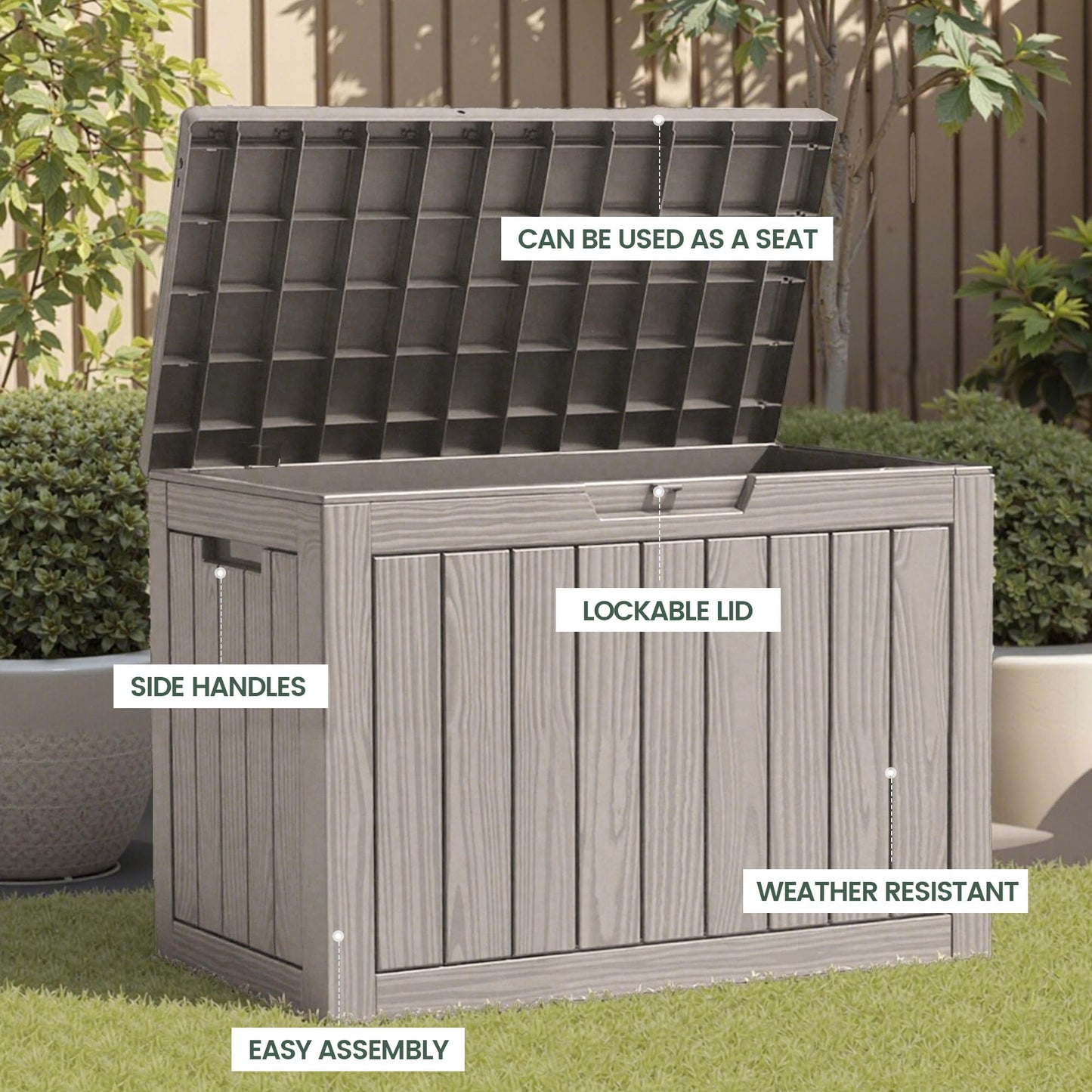 Trygoal 45 Outdoor Storage Box, Waterproof Resin Deck Box with Side Handles, Lockable Outdoor Bench for Indoor & Outdoor Use, Storage Bin for Patio Cushions, Garden Tools, Package Delivery, Grey