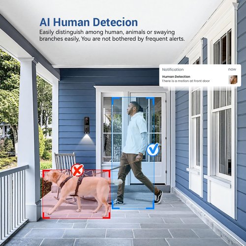 PyreQuad Video Doorbell Camera, 1080p, 2-Way Audio, Night Vision, AI Human Detection, Cloud Storage, Battery Powered, 2.4G Wi-Fi, Doorbell Receiver
