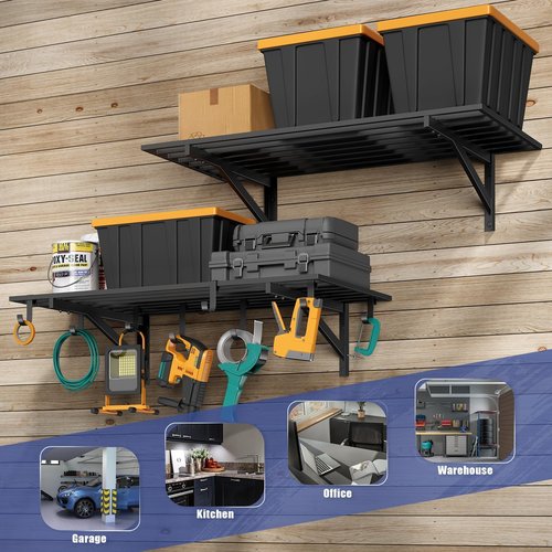 Jusgym 2-Pack 2x4ft Garage Shelving Wall Mounted, 2' x 4' Heavy Duty Garage Storage Shelves with Hooks, 400LB Capacity
