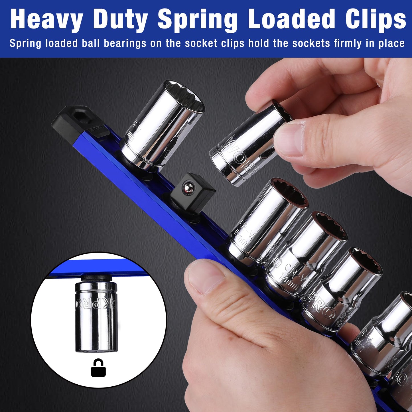 WORKPRO Magnetic Socket Organizer Set, 3-Piece Aluminum Alloy Socket Rail, Heavy Duty Socket Holder, Socket Rack Kit 1/4-Inch x 12 Clips, 3/8-Inch x 10 Clips, 1/2-Inch x 10 Clips (Blue)