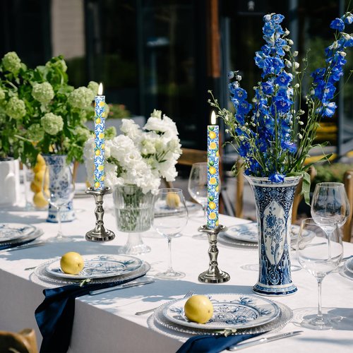 FYSUIMU Lemon Flameless LED Taper Candles Summer Blue Tiles Yellow Lemon Battery Operated Candlesticks Chinoiserie Electric Candle Table Centerpiece for Home Bedroom Dining Room Wedding, 6Pcs