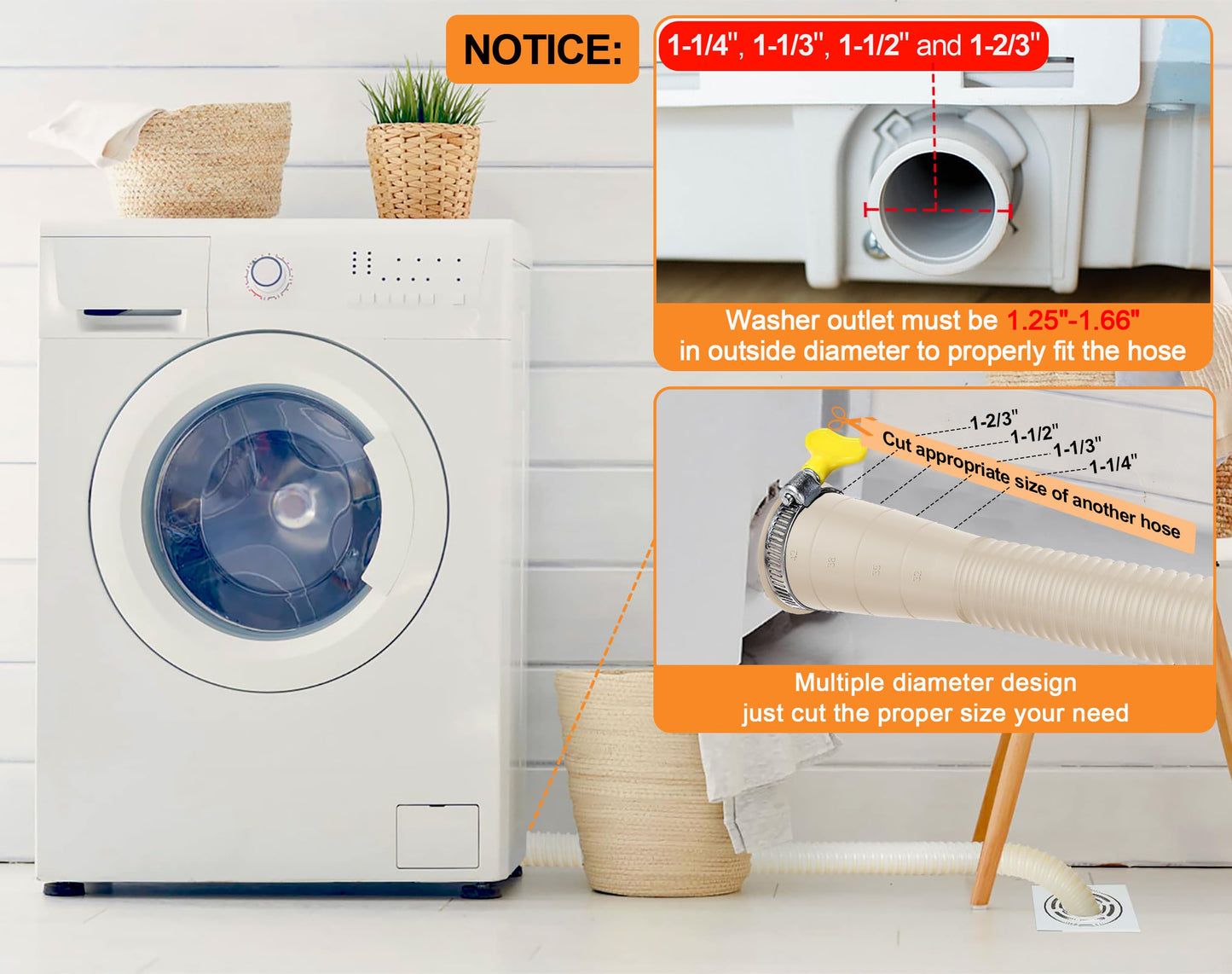 MyLifeUNIT Washing Machine Drain Hose Extension Kit, Universal Washer Drain Hose Replacement Parts Fit for 1-1/4", 1-1/3", 1-1/2", 1-2/3" Outlet Diameters with 1 Clamp, 6.9 Feet