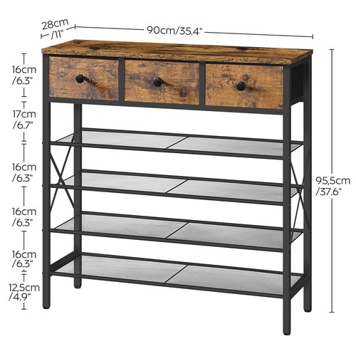YATINEY 5-Tier Shoe Rack with 3 Drawers, Metal Shoe Organizer for 20 Pairs with Storage Shelves and Wooden Top, for Entryway, Hallway, Foyer, Closet, Rustic Brown and Black SS35BR