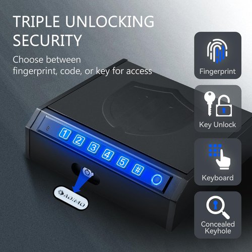 ADIMO Fingerprint Handgun Safe for Quick and Quiet Access, ADIMO Biometric Gun Lock Box with LED Light, Keypad Entry, Dual Key Backup, Ideal for Nightstand, Closet, or Desk Storage