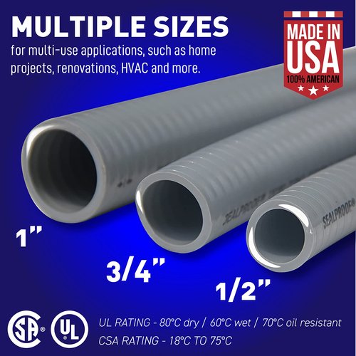 Sealproof 1/2-Inch Non-Metallic Liquid-Tight Conduit and Connector Kit, 50 Foot Made in USA Flexible Electrical Conduit Type B with 5 Straight and 3 90-Degree Conduit Connector Fittings, 0.5" Dia