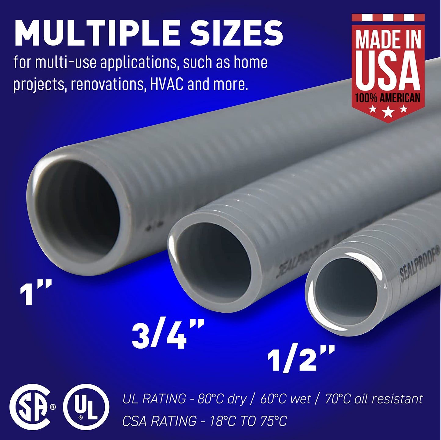 Sealproof 1/2-Inch Non-Metallic Liquid-Tight Conduit and Connector Kit, 25 Foot Made in USA Flexible Electrical Conduit Type B with 4 Straight and 2 90-Degree Conduit Connector Fittings, 1/2" Dia