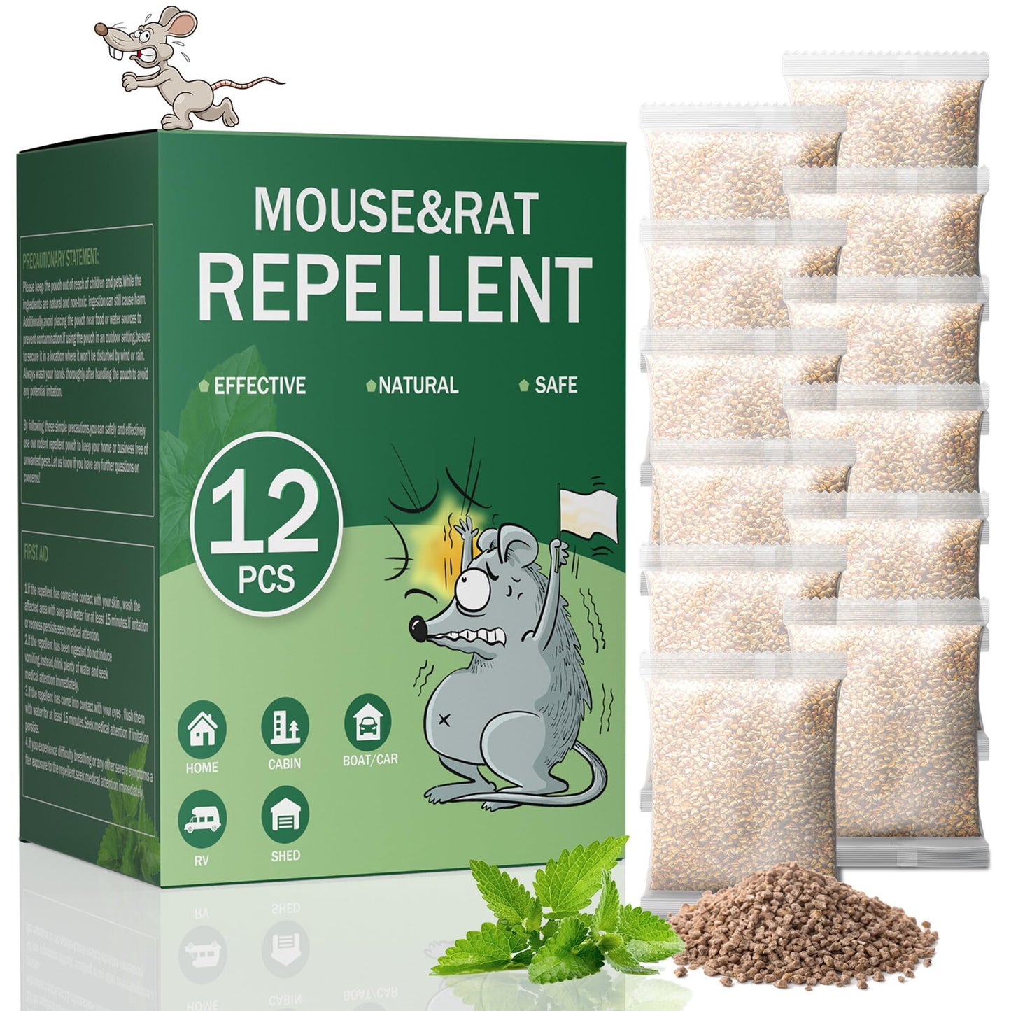 Mouse Repellent Pouches 12 Pack for House - Natural Peppermint Oil Rodent Control - Long-Lasting Plant-Powered Mice Deterrent for Kitchen, Storage, Car, RV, Basement & Shed, Safe for Family & Pets