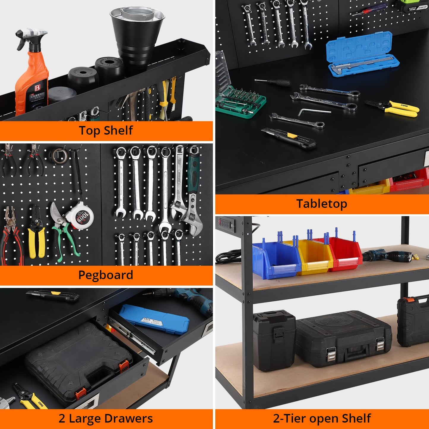FinerFurnis 3-Tier Metal Workbench with 2 Drawers, Heavy Duty Workstation with Power Outlets and Pegboard, Durable Workshop, Office, and Home Work Bench