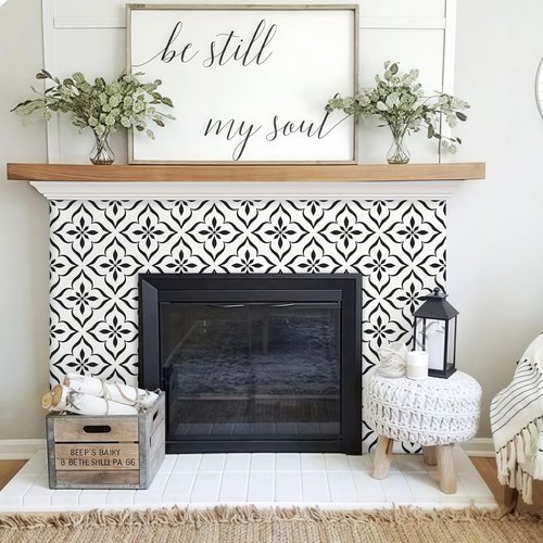 MORCART Peel and Stick Floor Tile - Vinyl Flooring Self Adhesive DIY: Square White+Black Flowers 7.87" x 7.87" 20 PCS, Waterproof and Removable Tile Sticker for Kitchen, Bathroom, Staircase FT-1626